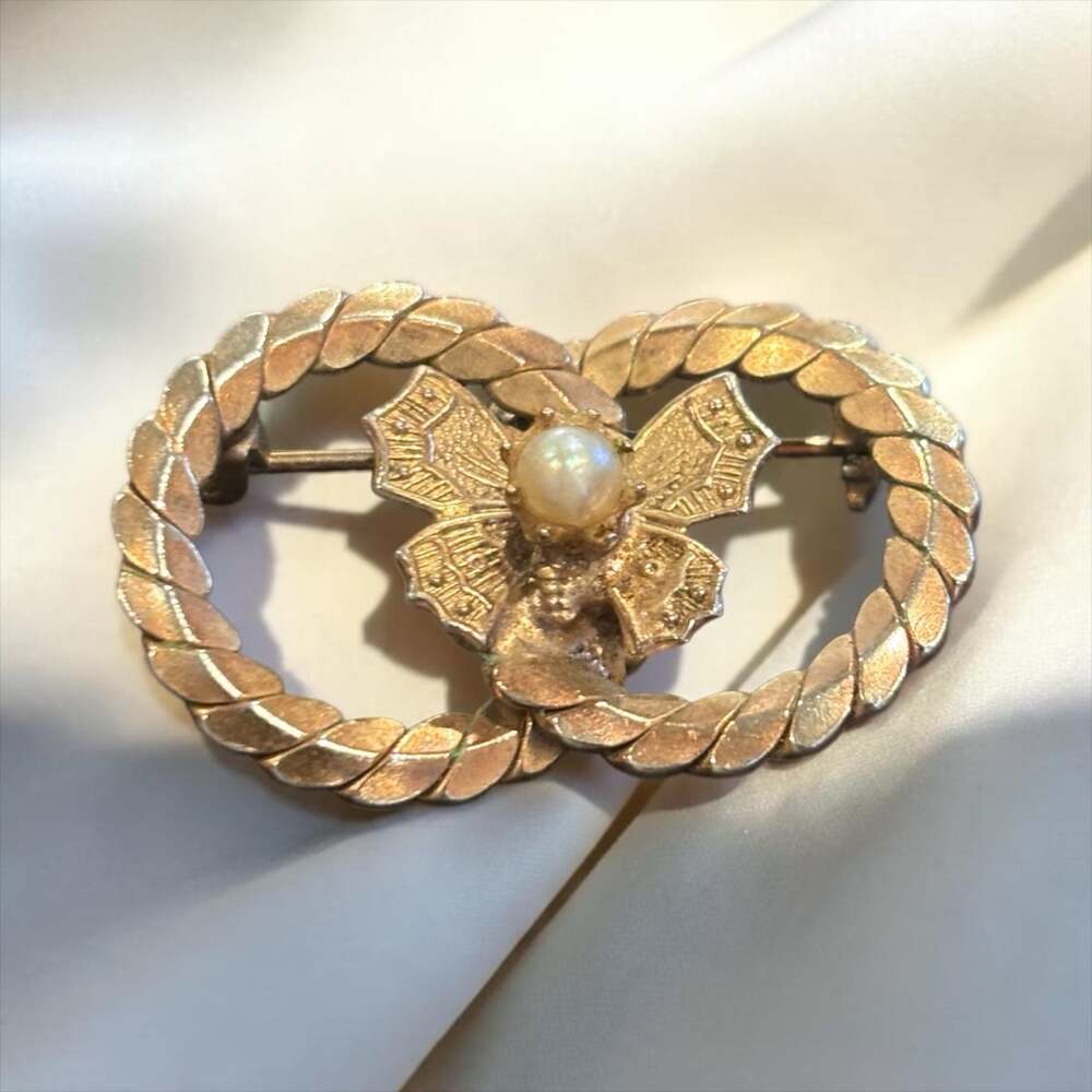 Golden Love Knot Brooch Pearl Accent Romantic Victorian Revival Pin Vintage